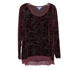 Velvet Burnout Top Shirt Blouse L Burgundy Red Black Abstract Whimsigoth Boho